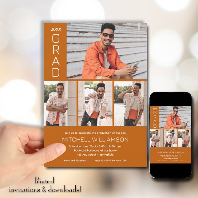 Convites Graduação Laranja De Foto Queimada Moderna 4 (Modern 4 Photo Burnt Orange Graduation Invitations)