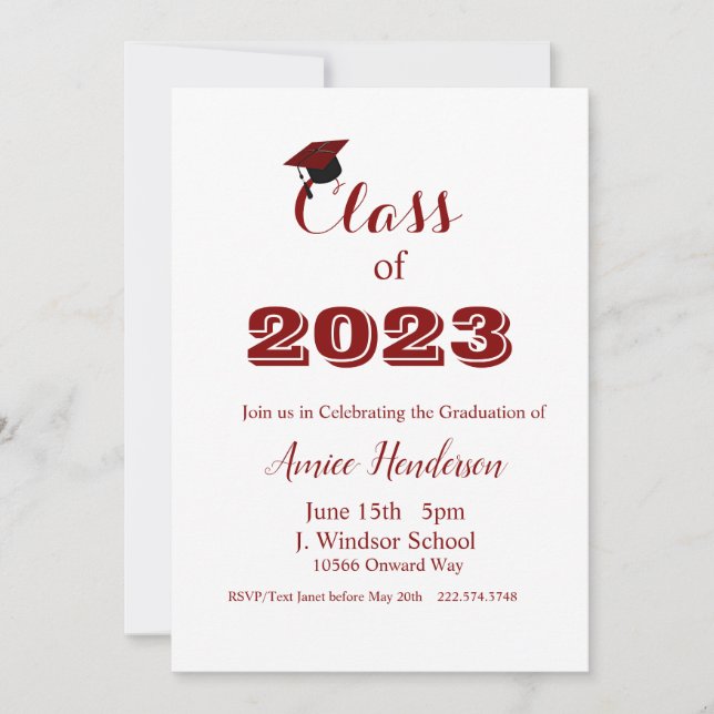 Convites Graduação Maroon e White Invitation Classe de 2024 (Frente)