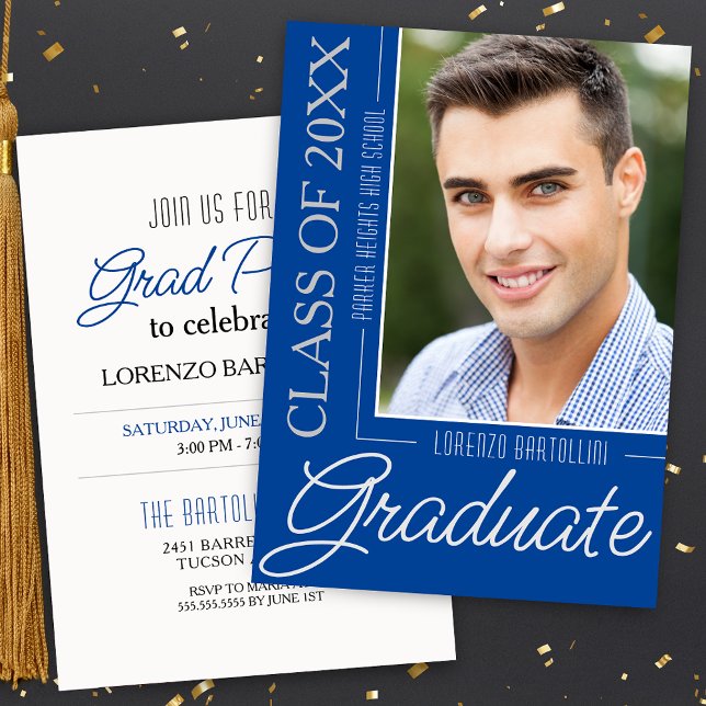 Convites Graduação Mínima Moderna 1 Foto Azul e Branco (Elegant Minimal Blue and White Graduation Announcements with Grad Party Invitation and 1 Photo)