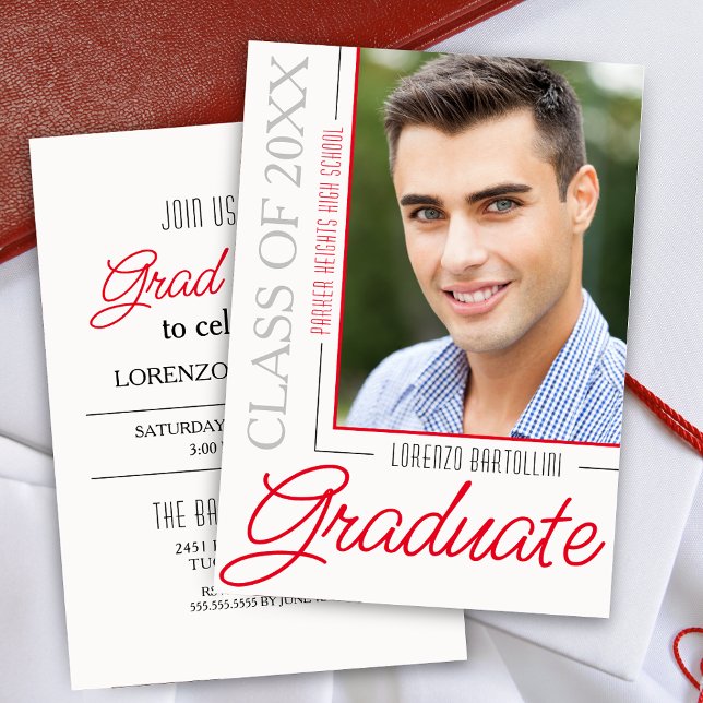 Convites Graduação Mínima Moderna 1 Foto Vermelha e Branca (Modern Crimson Red Grad Party Graduation Announcement Invitation with One Photo)