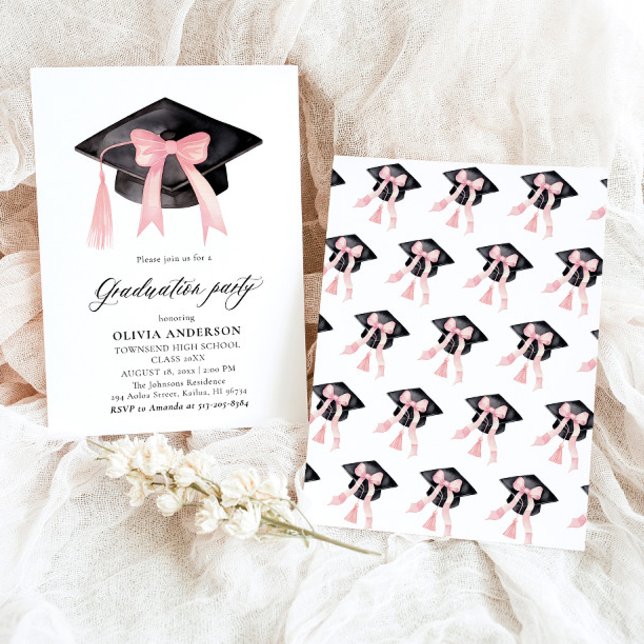 Convites Graduação moderna de Arcos cor-de-rosa (Watercolor Modern Elegant Trendy Stylish Pink Bow Graduation Invitation)