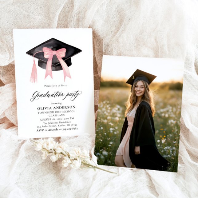 Convites Graduação moderna de Arcos cor-de-rosa (Watercolor Modern Elegant Trendy Stylish Pink Bow Graduation Invitation)