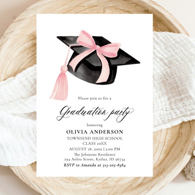 Convites Graduação moderna de Arcos cor-de-rosa (Watercolor Modern Elegant Trendy Stylish Pink Bow Graduation Invitation)