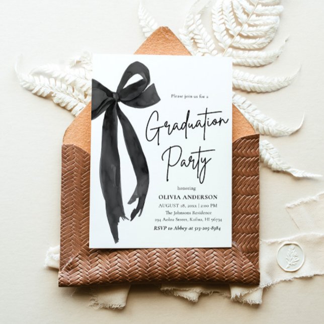 Convites Graduação moderna de Na moda de Arco preto para te (Watercolor Modern Elegant Trendy Stylish Ribbon Black Bow Coquette Grad Party Graduation Invitation)