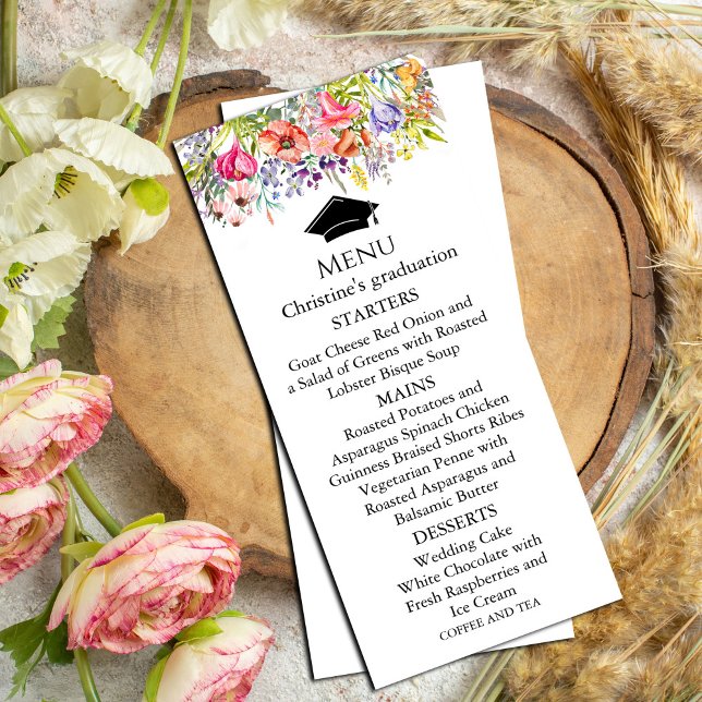 Convites Graduação moderna do Menu Primavera de Flor Selvag (Modern Wildflower Spring Menu Graduation Invitation #dinnermenu #rusticinvitation #graduate)