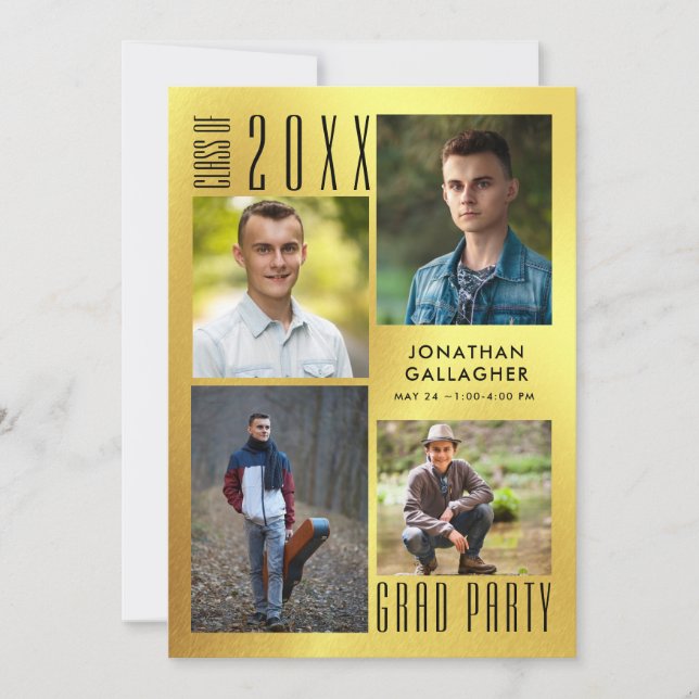 Convites Graduação Moderna Dourada Metálica Negra-Branca (Frente)