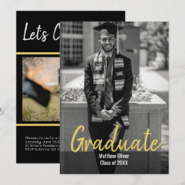 Convites Graduação Moderna em Preto e Dourado com Duas Foto