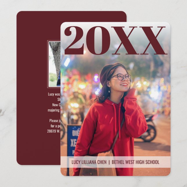 Convites Graduação Moderna | Maroon | 2 Foto | Personalizad (Frente/Verso)
