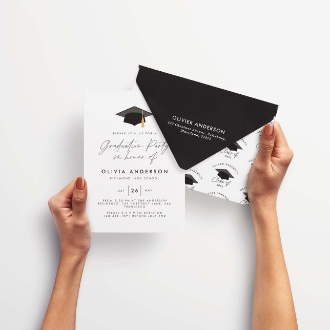 Convites Graduação: moderno e elegante partido branco preto (Criador carregado)