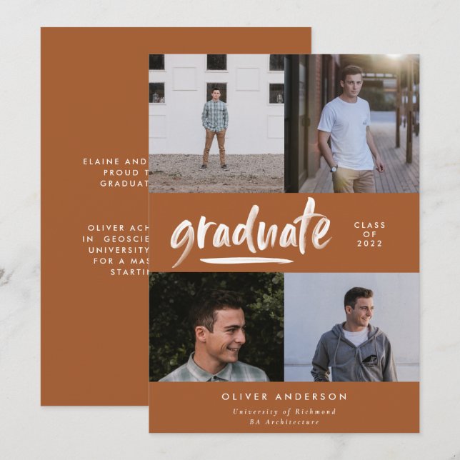 Convites Graduação multifoto de script de terracotta modern (Frente/Verso)