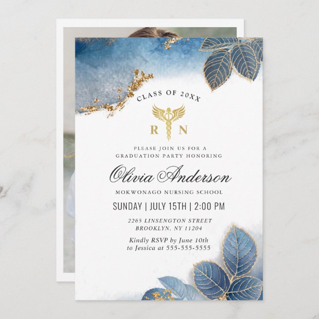 Convites Graduação na Escola de Enfermagem Azul Dourada Dus (Frente/Verso)