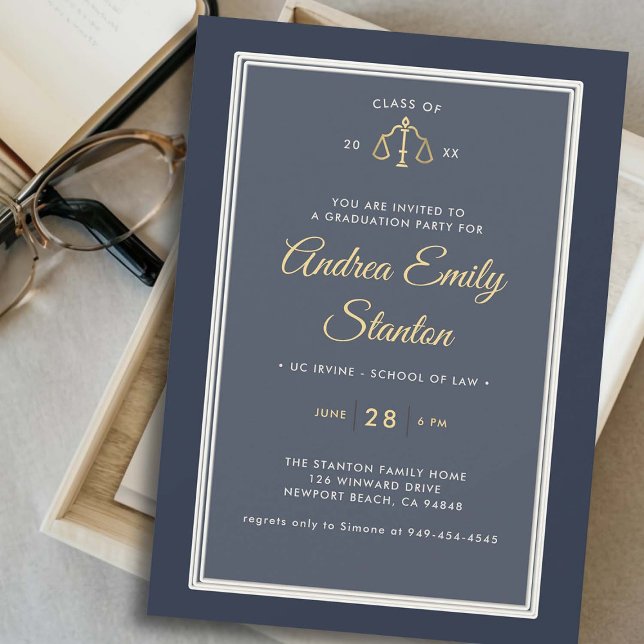 Convites Graduação na Faculdade de Direito Douradas Escalas (law school graduation party invitation scales of justice gold navy embossed frame elegant template)