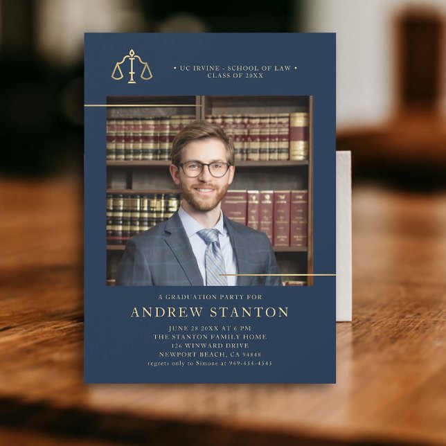 Convites Graduação na Faculdade de Direito Escala o Marinho (law school graduation party invitation photo gold scales of justice elegant modern frame navy)