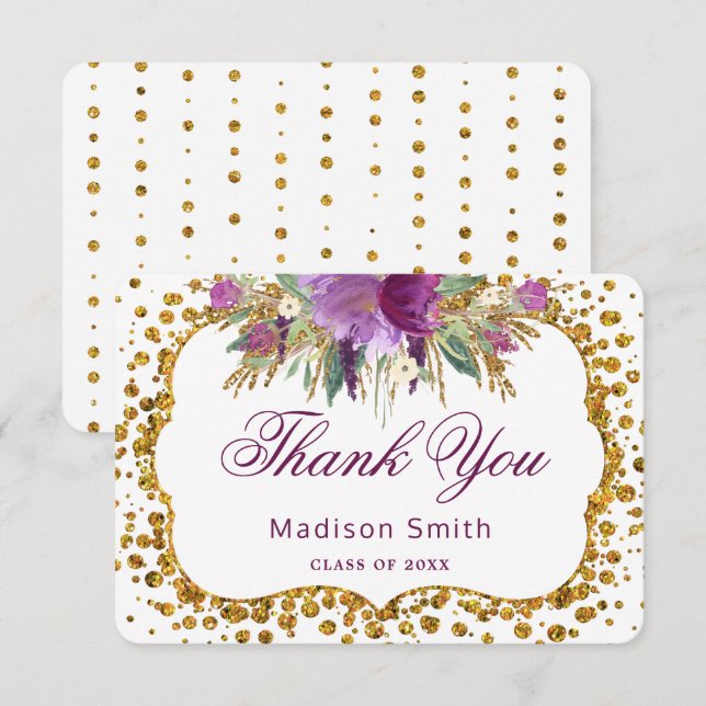 Convites Graduação Obrigado Floral Dourada Glitter Confetti (Frente/Verso)