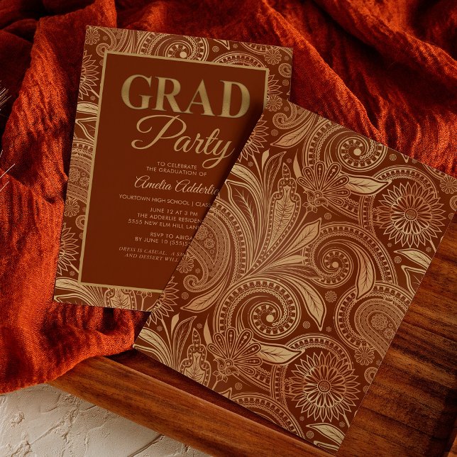 Convites Graduação Personalizada Burgundy Gold Paisley (Criador carregado)
