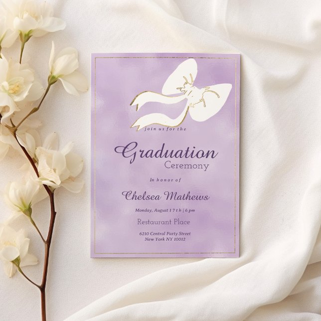 Convites Graduação por lavanda de arco de ouro branco-Glam (Glam white gold bow lavender watercolor Graduation )