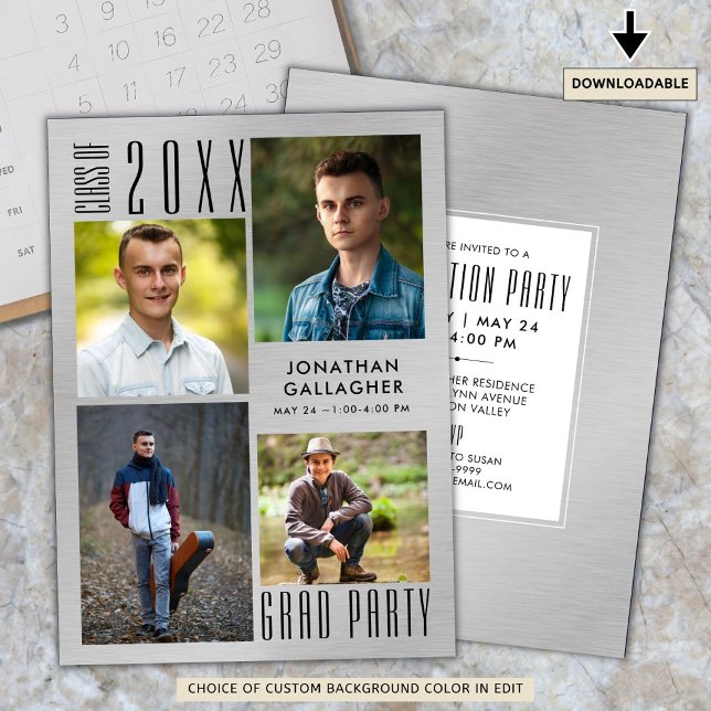 Convites Graduação Prata Metálica Moderna Esfomeada Preta (Criador carregado)