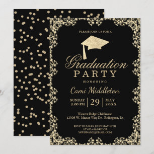 Convites Graduação preta e Dourado elegante