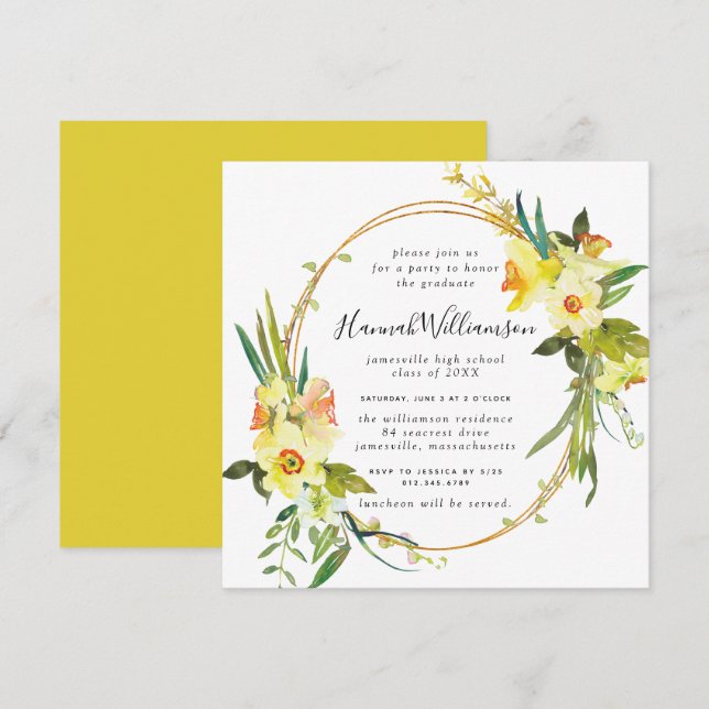 Convites Graduação Quadrada de Daffodil Amarelo (Frente/Verso)