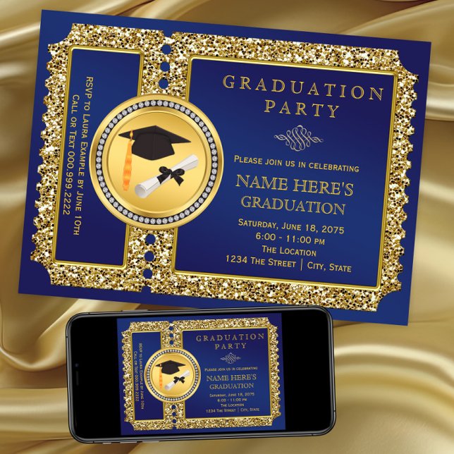 Convites Graduação Real Azul e Dourada (Royal blue and gold graduation party invitation. Instant download file and printed invites available)