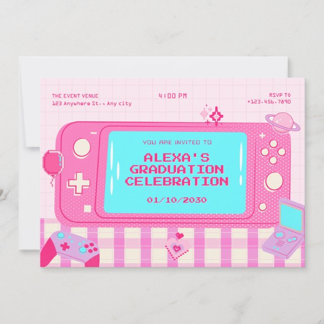 Convites Graduação retrógrada de jogos de vídeo rosa (Frente)