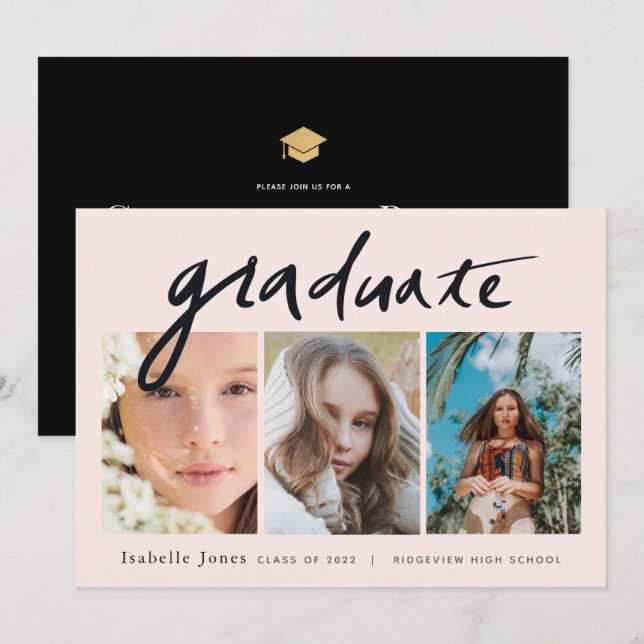 Convites Graduação Rosa com Script Manuscrito de 3 Fotos (Frente/Verso)
