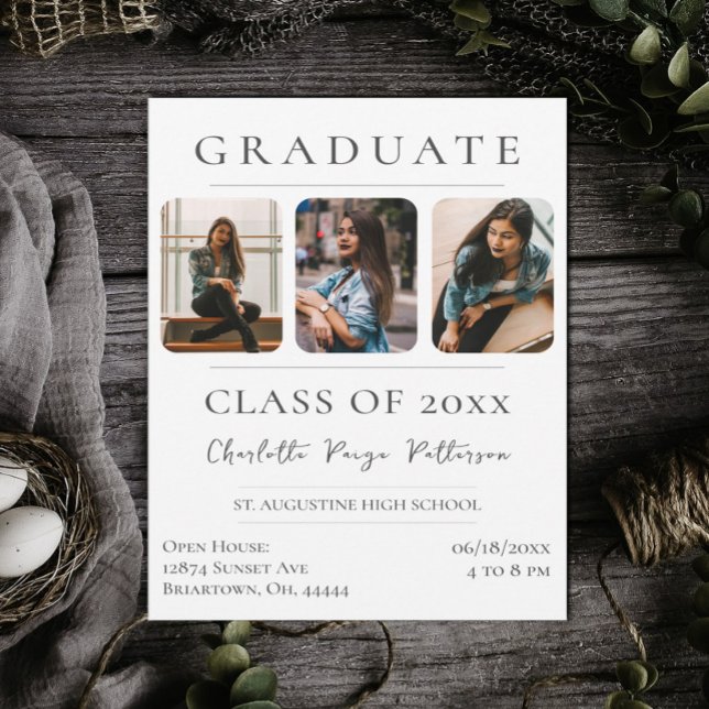 Convites Graduação simples de três fotos | Branco (White Simple Three Photo Graduation Invitation)