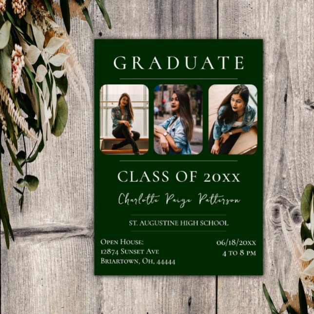 Convites Graduação simples de três fotos | Emerald Green (Emerald Green Simple Three Photo Graduation Invitation)