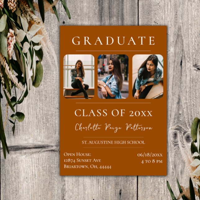 Convites Graduação simples de três fotos | Laranja queimada (Burnt Orange Simple Three Photo Graduation Invitation)