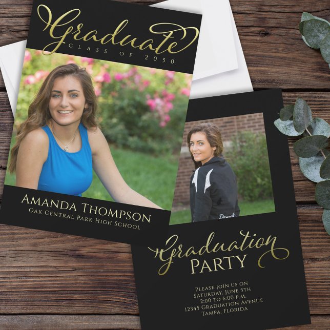 Convites Graduação Simples Script Caligrafia Dourada Preta (Elegant black and gold graduation photo party card with modern typography for Class of 2026! )