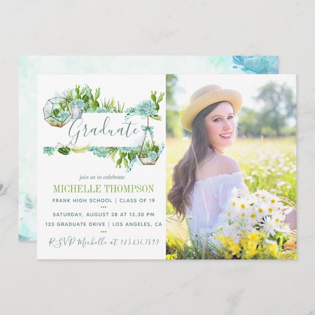 Convites Graduação Suculenta do Terrário em Vidro Aquoso (Frente/Verso)