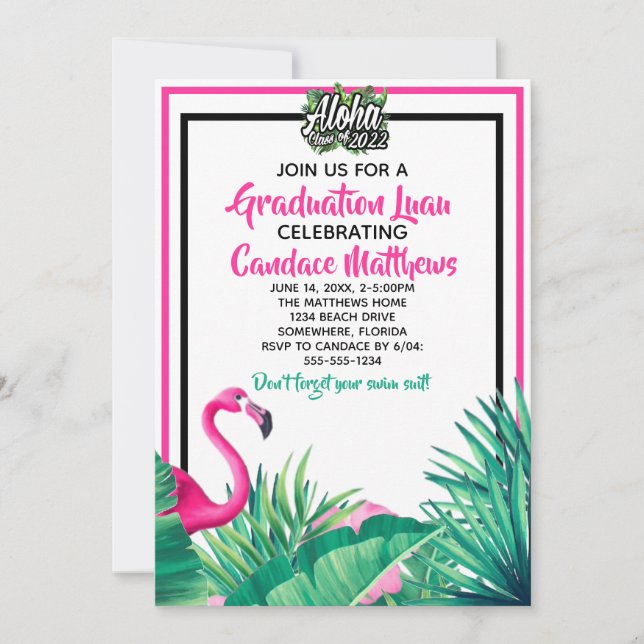 Convites Graduação Tropical Aloha Flamingo Luau 2022 (Frente)