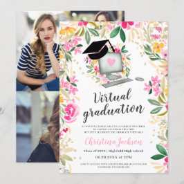 Convites Graduação virtual de foto dourada com aquarela flo