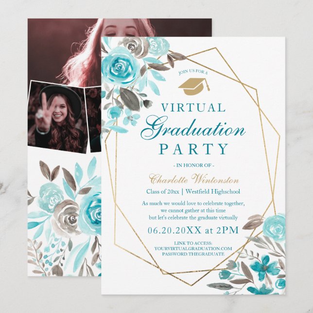 Convites Graduação virtual em imagens de ouro floral azul (Frente/Verso)