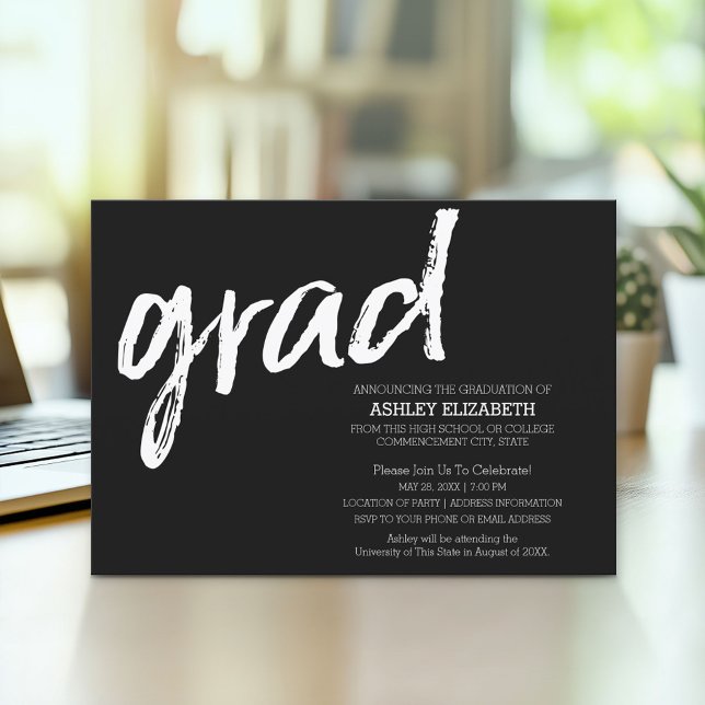Convites Graduado Moderno Personalizado Tendência Preto Gra (Modern Graduation Announcement and Party Invitation)