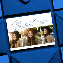 Convites Graduado três foto simples moderno azul graduação