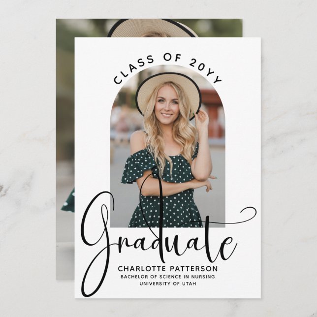 Convites Graduate Elegant Script Graduation Arch Photo (Frente/Verso)