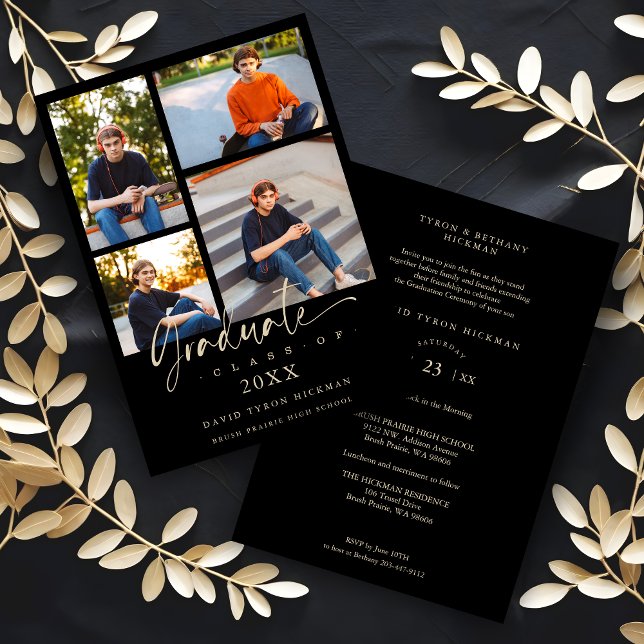 Convites Graduate Modern Black Trendy Collage 4 Photos  (Black Trendy Collage 4 Photos Modern Graduate Invitation Card for Ceremony and Party. )