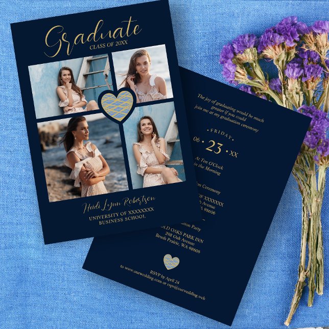 Convites Graduate Navy Blue Trendy Heart Collage 4 Photos (Criador carregado)