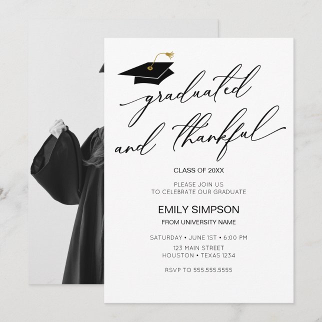Convites Graduated and Thankful Modern Graduation (Frente/Verso)