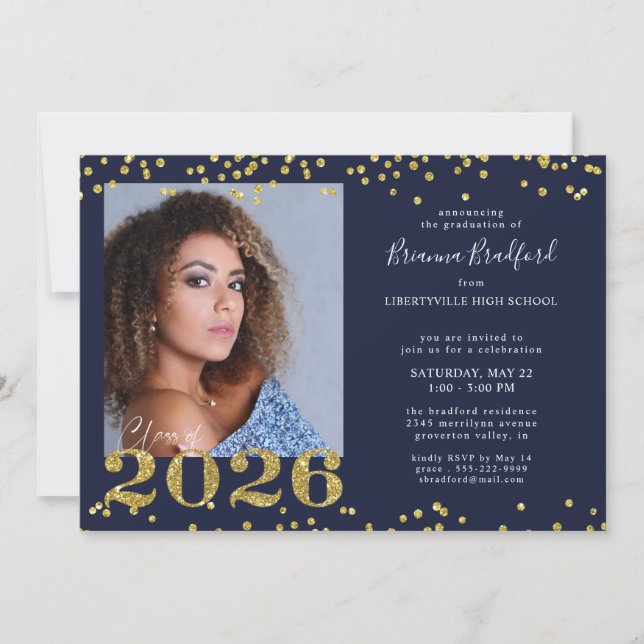 Convites Graduation 2026 Navy Blue Gold Glitter (Frente)