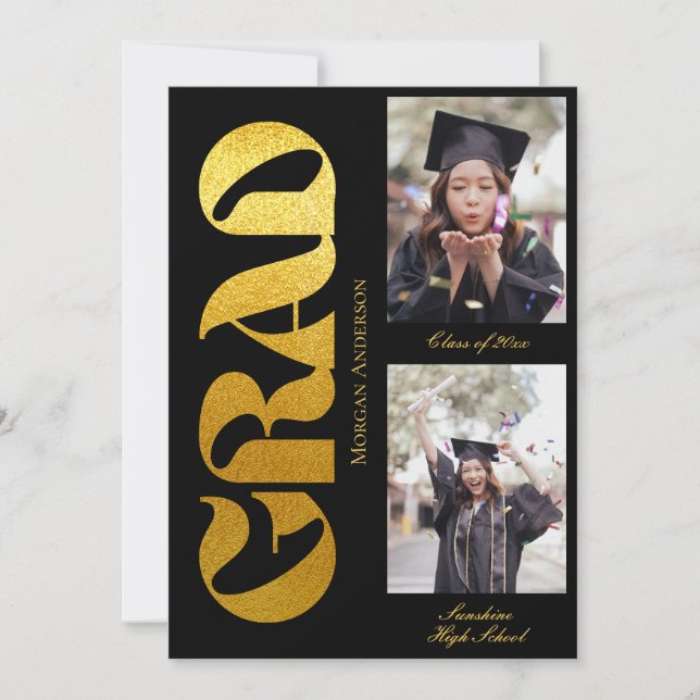 Convites Graduation 2 Photo Black and Gold Announcement  (Frente)