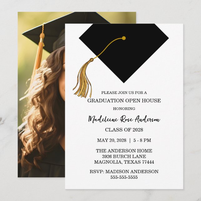 Convites Graduation Black Cap And Tassel Photo Open House  (Frente/Verso)