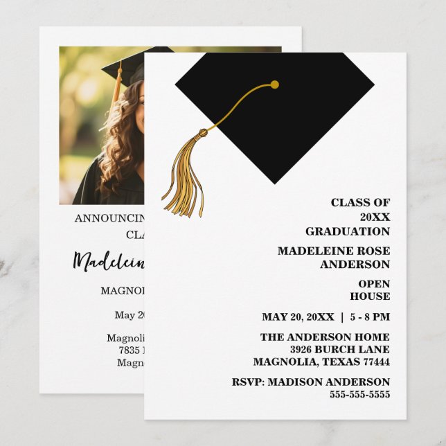 Convites Graduation Black Cap And Tassel Photo Open House  (Frente/Verso)