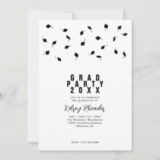 Convites Graduation Cap Toss Black & White Grad Party