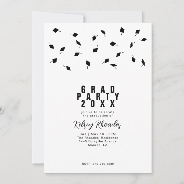 Convites Graduation Cap Toss Black & White Grad Party (Frente)