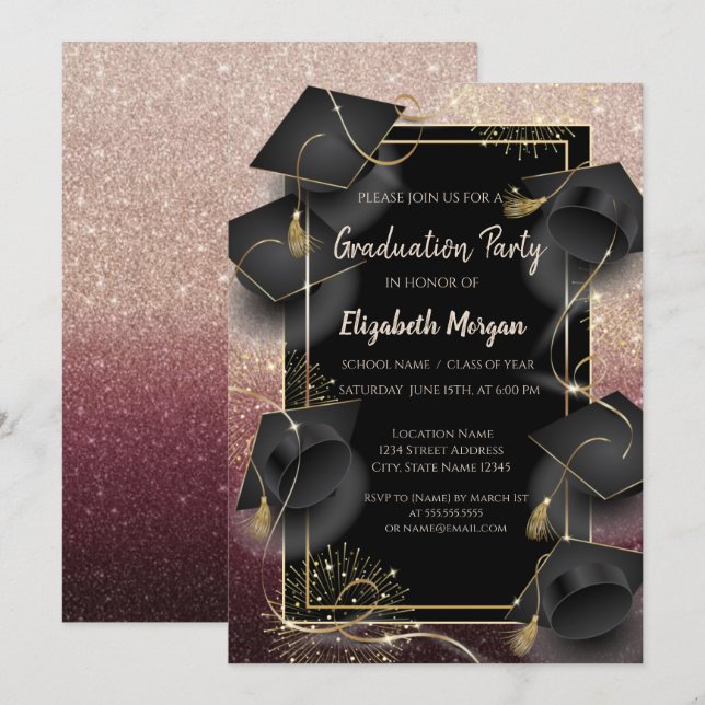 Convites Graduation Caps Rose Gold Glitter Graduation Party (Frente/Verso)