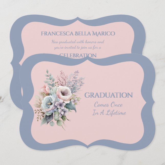 Convites Graduation Daughter Blue Pink Floral Invitation (Frente/Verso)