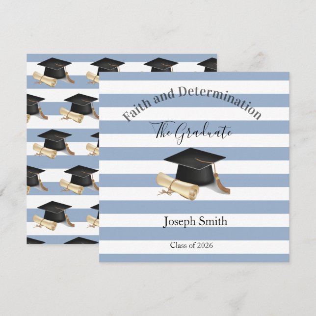 Convites Graduation Invitation Blue Stripe  (Frente/Verso)