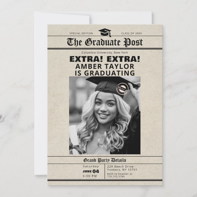 Convites Graduation Newspaper “Extra Extra” B&W Photo (Frente)